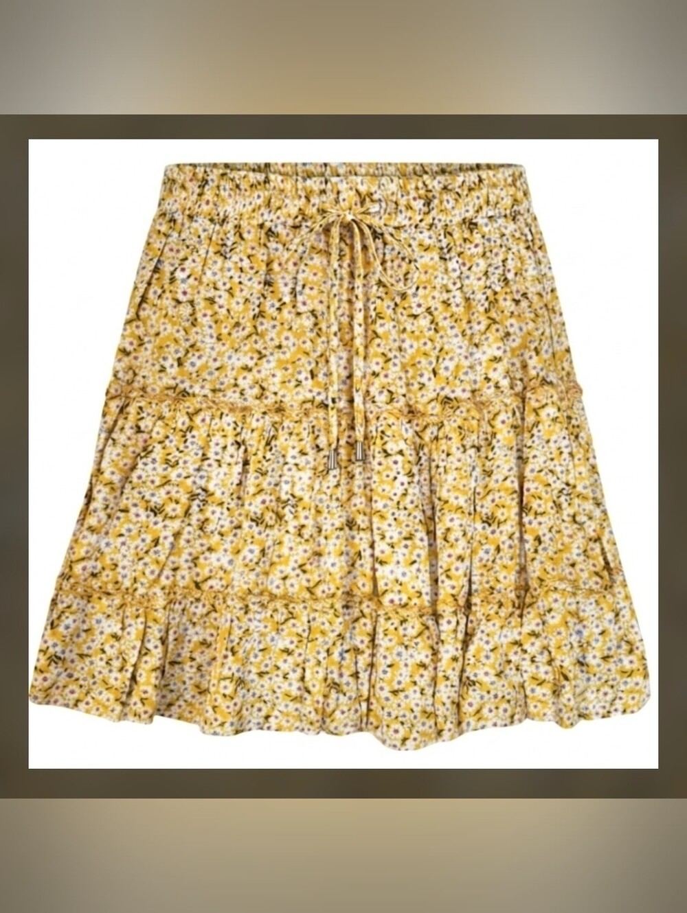 Yellow Floral Tiered Day Skirt Elastic Waist Embellished Ties Ruffled Design S